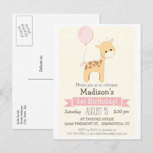 Baby Giraffe Girl's Birthday Party Invitation Uitnodiging Briefkaart (Voorkant / Achterkant)