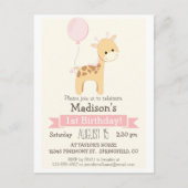 Baby Giraffe Girl's Birthday Party Invitation Uitnodiging Briefkaart (Voorkant)