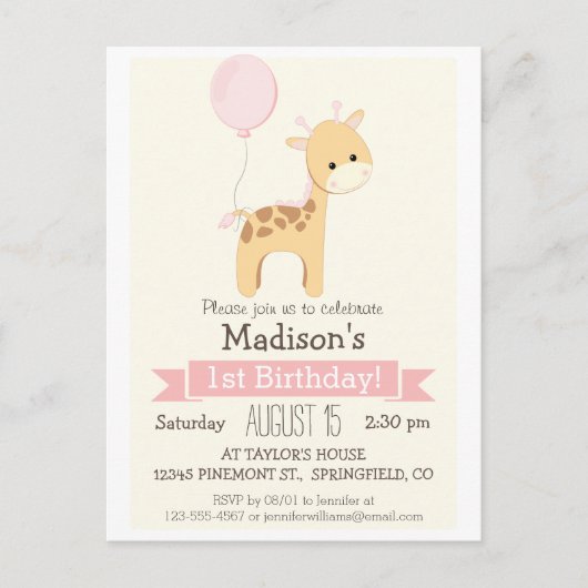 Baby Giraffe Girl's Birthday Party Invitation Uitnodiging Briefkaart (Voorkant)