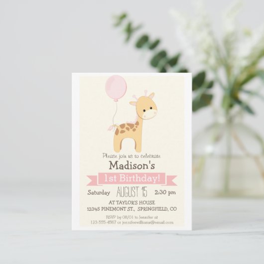 Baby Giraffe Girl's Birthday Party Invitation Uitnodiging Briefkaart (Staand voorkant)