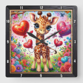 Baby Giraffe Hart Ballon Vierkante Klok (Voorkant)