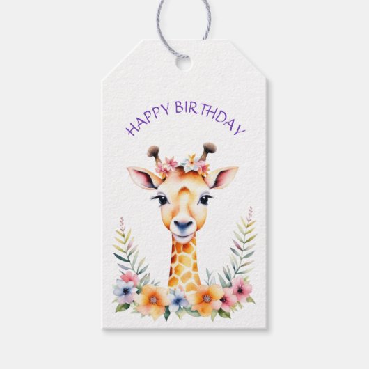 Baby Giraffe in Bloemen Meisjes Verjaardagsfeest Cadeaulabel (Voorkant)
