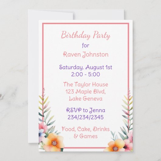 Baby Giraffe in Bloemen Meisjes Verjaardagsfeest Kaart (Achterkant)