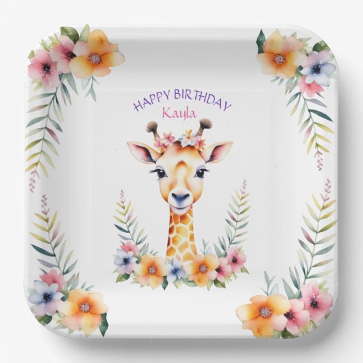 Baby Giraffe in Bloemen Meisjes Verjaardagsfeest Papieren Bordje (Voorkant)