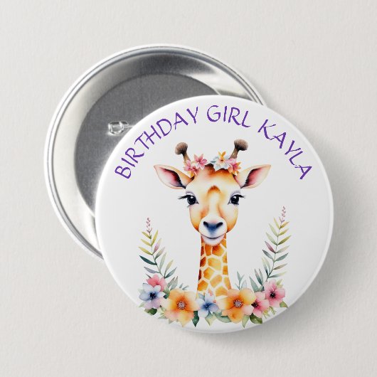 Baby Giraffe in Bloemen Meisjes Verjaardagsfeest Ronde Button 7,6 Cm (Voorkant /achterkant)