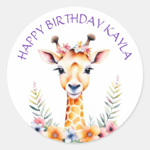 Baby Giraffe in Bloemen Meisjes Verjaardagsfeest Ronde Sticker