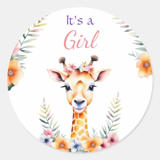 Baby Giraffe in Flowers, het is een meisje | BABY  Ronde Sticker (Voorkant)