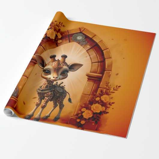 Baby giraffe in steampunk-cartoon cadeaupapier (Uitgerold)
