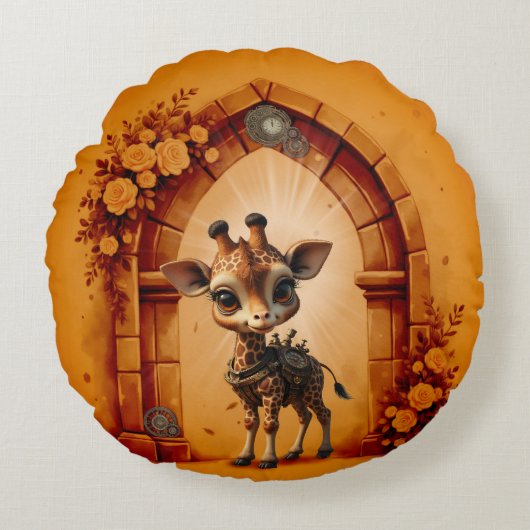 Baby giraffe in steampunk-cartoon rond kussen (Voorkant)