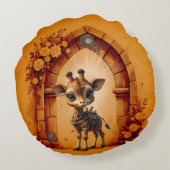 Baby giraffe in steampunk-cartoon rond kussen (Achterkant)