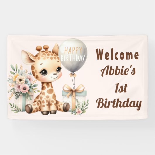 Baby Giraffe Little Girl's 1st Birthday Welkom Spandoek (Horizontaal)