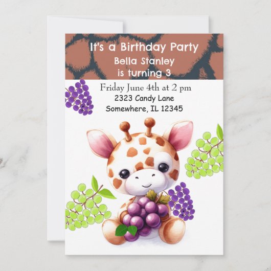 Baby Giraffe met druiven Verjaardagsuitnodiging Kaart (Voorkant)