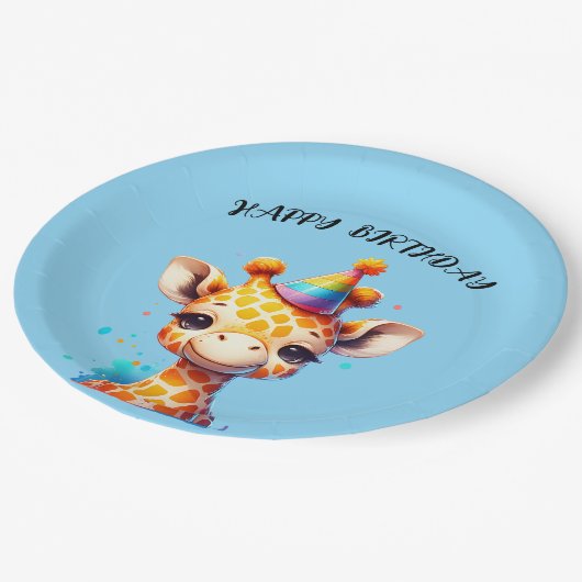baby giraffe met feest pet verjaardag papieren bordje (Gekanteld)