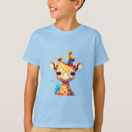Baby giraffe met feesthoed verjaardag blauw t-shirt