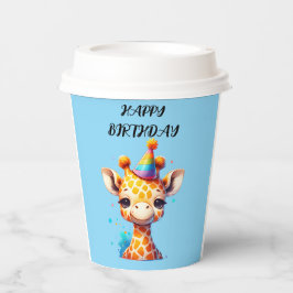 Baby giraffe met feesthoed verjaardag lichtblauw papieren bekers
