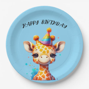 baby giraffe met feesthoed verjaardag papieren bordje