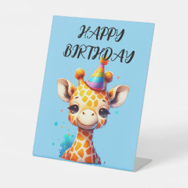Baby giraffe met feestmuts in het blauw reclamebord met voetstuk