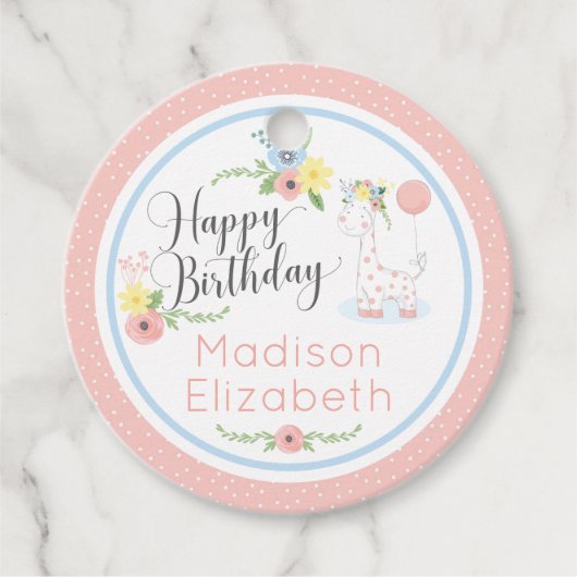 Baby Giraffe Pink Floral Happy 1st Birthday Party Bedankjes Labels (Voorkant)