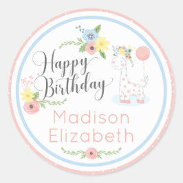 Baby Giraffe Pink Floral Happy 1st Birthday Party Ronde Sticker