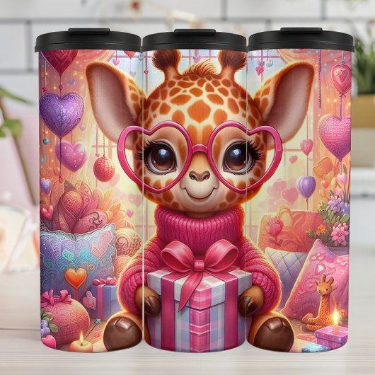 Baby Giraffe Roze Harten Bril Wrap Thermosbeker