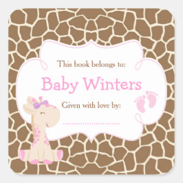 Baby Giraffe Roze Meisje Baby Borrel Boekplaat Vierkante Sticker
