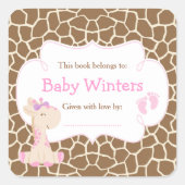 Baby Giraffe Roze Meisje Shower Boekplaat Vierkante Sticker (Voorkant)