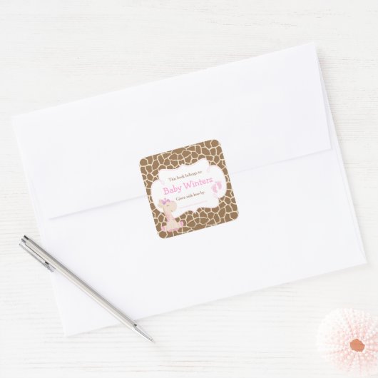 Baby Giraffe Roze Meisje Shower Boekplaat Vierkante Sticker (Envelop)