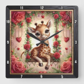 Baby Giraffe Rozen Tuin Vierkante Klok (Voorkant)