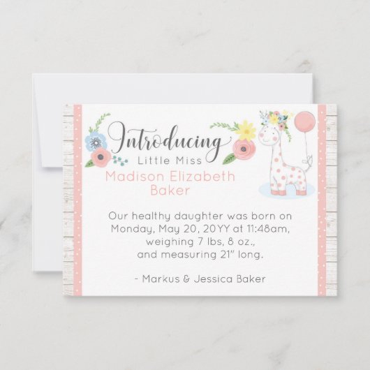 Baby Giraffe Rustieke Bloemen Baby Geboorte Aankon Aankondiging (Voorkant)