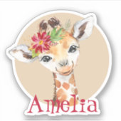 Baby Giraffe Safari Oerwoud Roze Gepersonaliseerd Sticker (Voorkant)