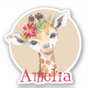 Baby Giraffe Safari Oerwoud Roze Gepersonaliseerd Sticker