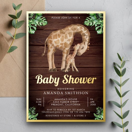 Baby Giraffe Safari Wood Baby shower Gold Folie Uitnodiging