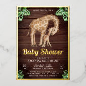 Baby Giraffe Safari Wood Baby shower Gold Folie Uitnodiging (Voorkant)