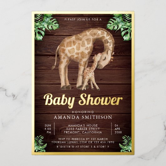 Baby Giraffe Safari Wood Baby shower Gold Folie Uitnodiging (Voorkant)