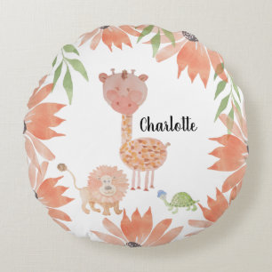 Baby Giraffe Waterverf Handgeschilderde Monogram Rond Kussen