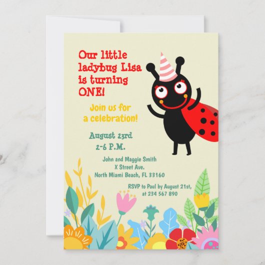 Baby girl 1e verjaardag ladybug-uitnodiging kaart (Voorkant)