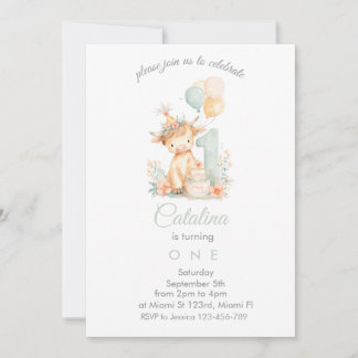 Baby Girl 1st Birthday highland cow Kaart