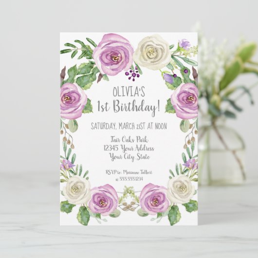 Baby Girl 1st Birthday Lavender Waterverf Floral Kaart (Staand voorkant)