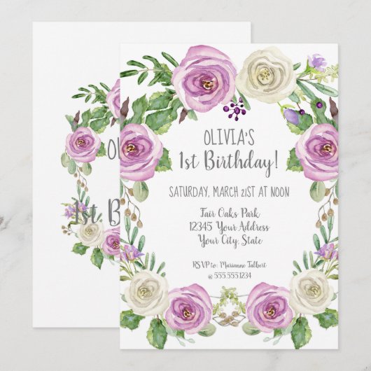 Baby Girl 1st Birthday Lavender Waterverf Floral Kaart (Voorkant / Achterkant)