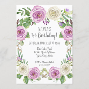 Baby Girl 1st Birthday Lavender Waterverf Floral Kaart