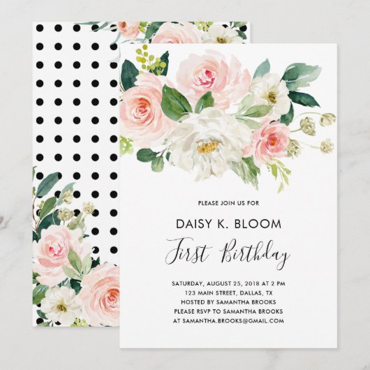 Baby Girl 1st Birthday Party Invitation Kaart (Voorkant / Achterkant)