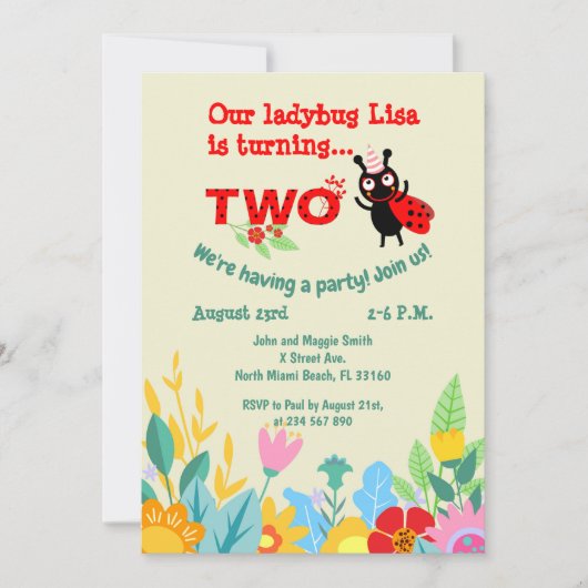 Baby girl 2e verjaardag ladybug party uitnodiging (Voorkant)