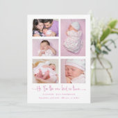 Baby Girl 5 Foto Collage Pink Script Birth Aankondiging (Staand voorkant)