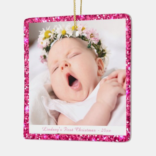 Baby Girl Aangepast Mijn eerste kerstroze glitter Keramisch Ornament (Links)