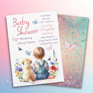 Baby Girl and her Puppy   Baby Shower Watercolor Kaart