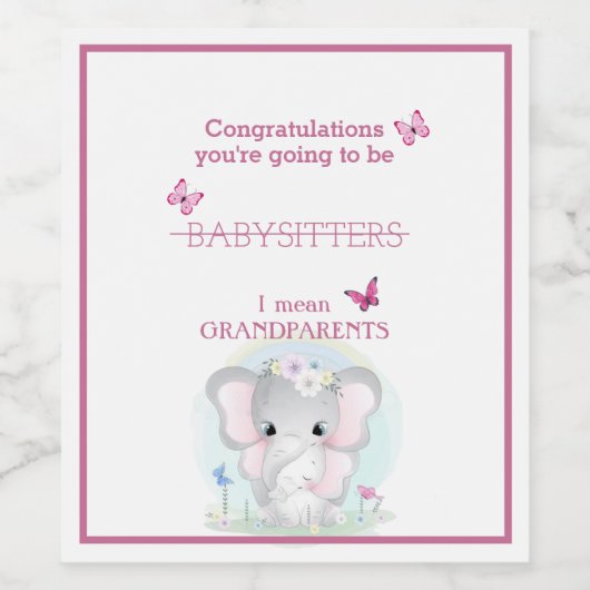 Baby Girl Announcement Elephants Butterflies Wijn Etiket (Enkel label)