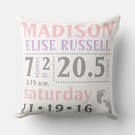Baby Girl Announcement Pillow, roze, paars, grijs Kussen (Voorkant)