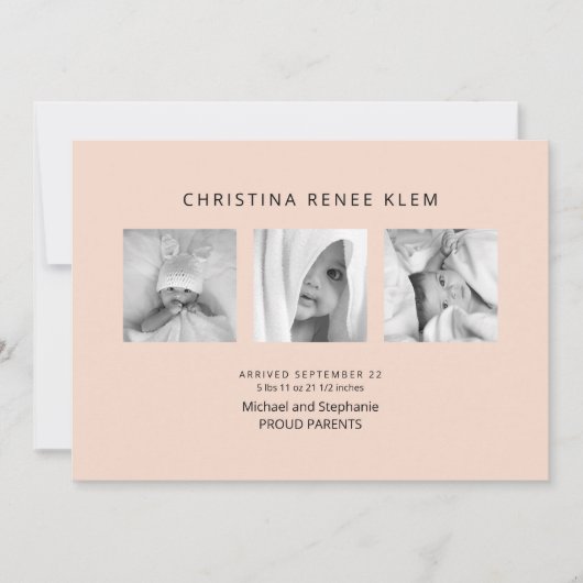 Baby Girl B/W Foto Collage Modern Peach Birth Aankondiging (Voorkant)