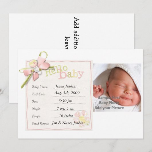 Baby Girl Baby Aankondiging Pasgeboren (Voorkant / Achterkant)