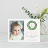 Baby Girl Baptism Birthday Chic Boxwood Monogram Bedankkaart (Staand voorkant)